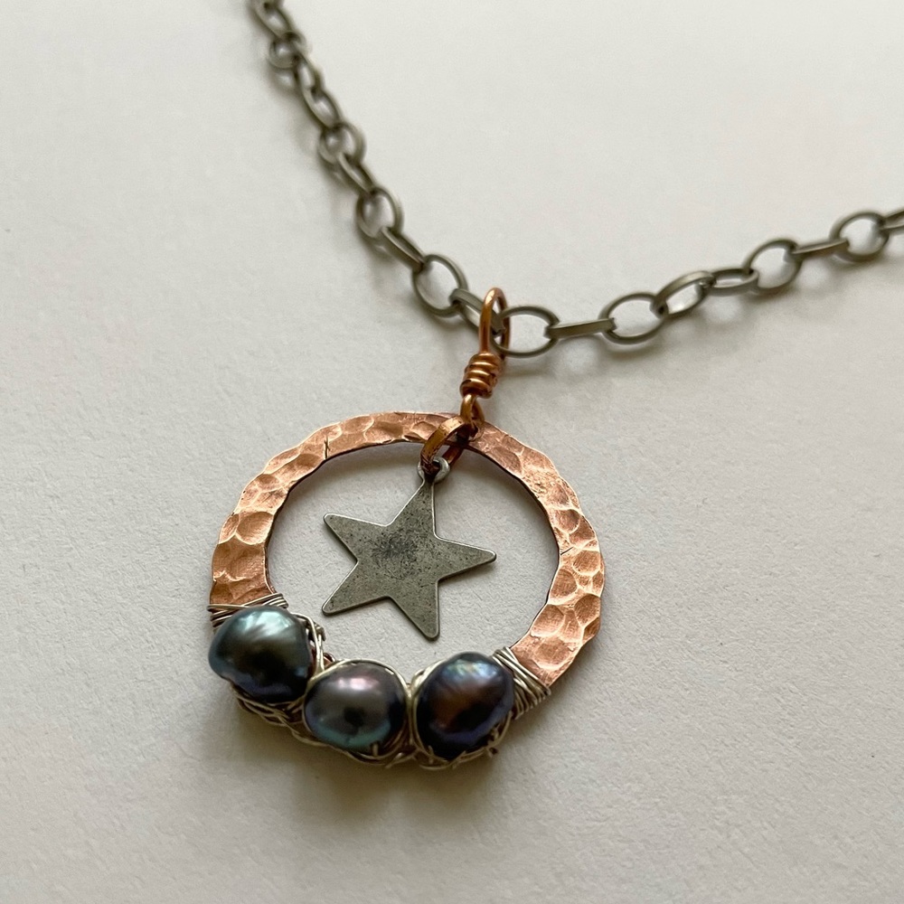 Copper Silver Star‎ Pearl Necklace Handmade Lonestar